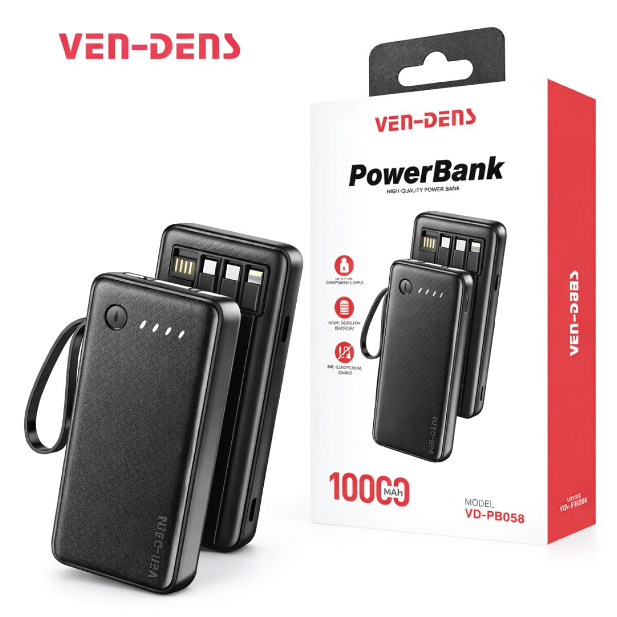 VEN-DENS 10000mAh Power Bank (VD-PB058) – Portable Charger with Built-in Type-C, Micro & Lightning Cables, Fireproof Shell & LED Indicator