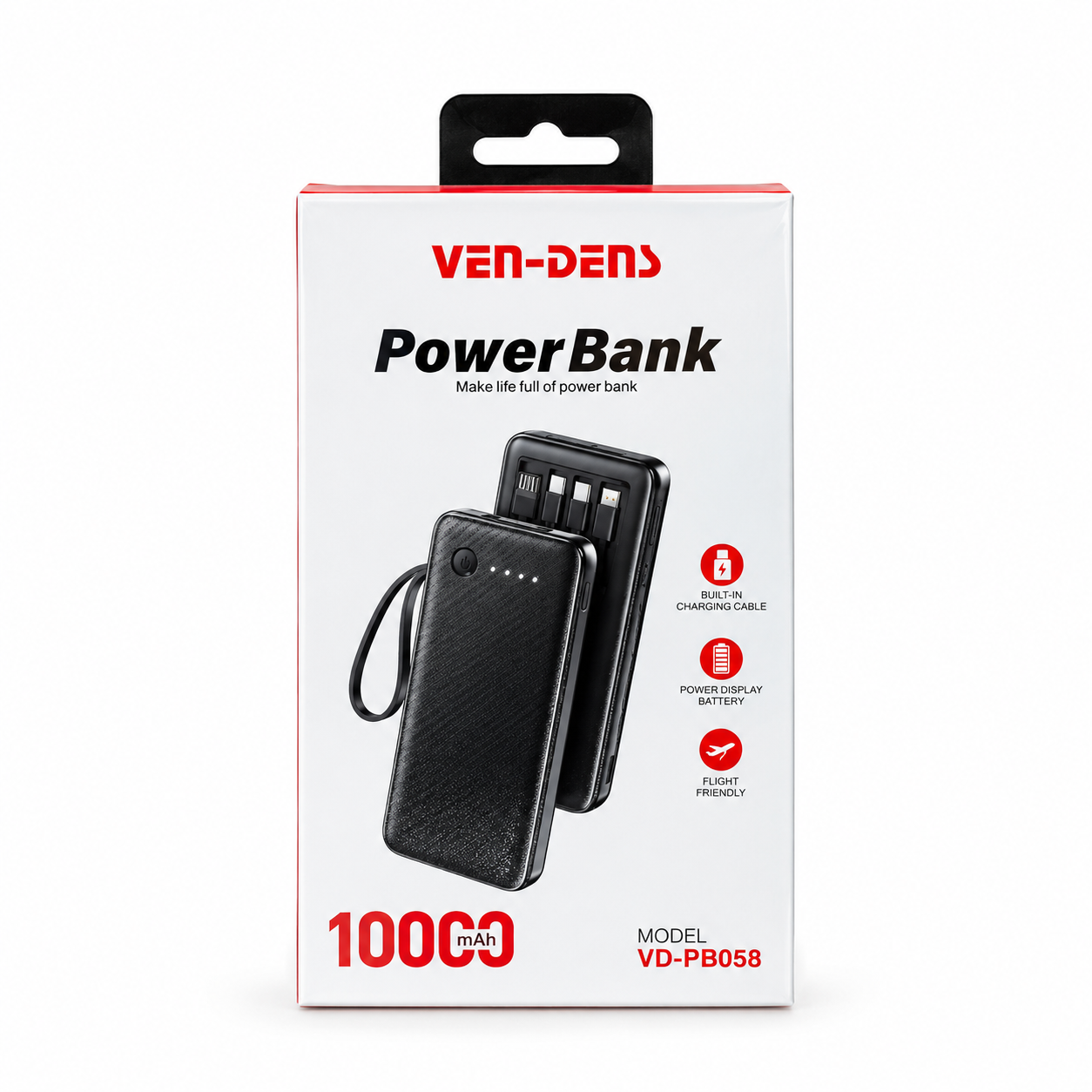 VEN-DENS 10000mAh Power Bank (VD-PB058) – Portable Charger with Built-in Type-C, Micro & Lightning Cables, Fireproof Shell & LED Indicator